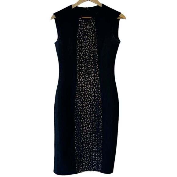 Tadashi Shoji Black Dress with Tan Floral Front. Size Small.